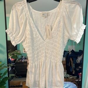 Jun & Ivy White Eyelet Smocked Peplum Top Puff Sleeve Square Neck